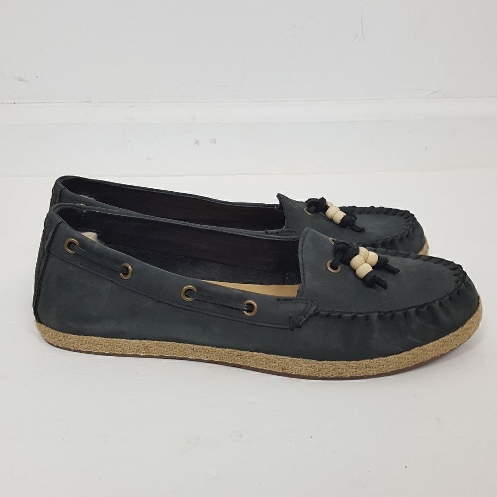 Ugg Logo Black Leather Casual Espadrille Deck Boat‎ - Picture 2 of 7